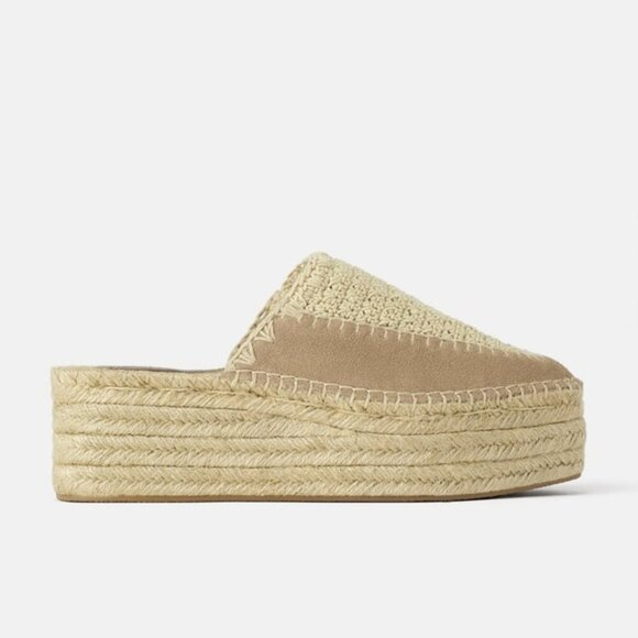 NWOT Zara ecru and khaki suede crochet espadrille platform sandals, EU 38 - Picture 2 of 14
